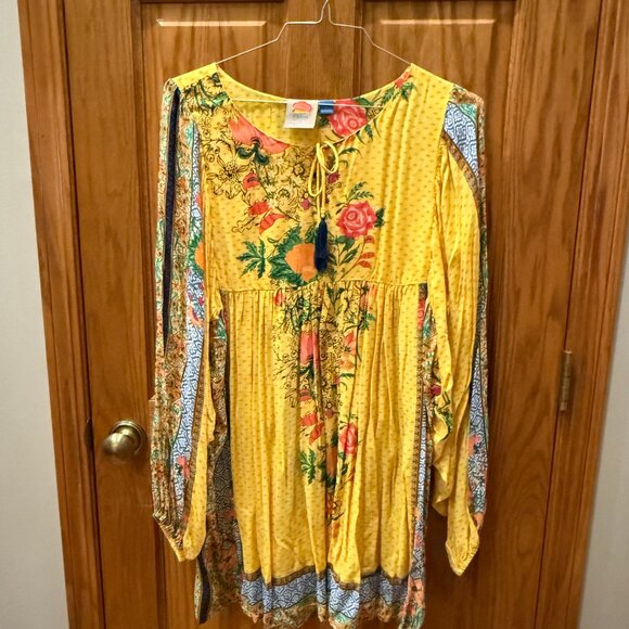 Farm Rio Yellow Floral Print Mini Dress, SZ L - Picture 1 of 7